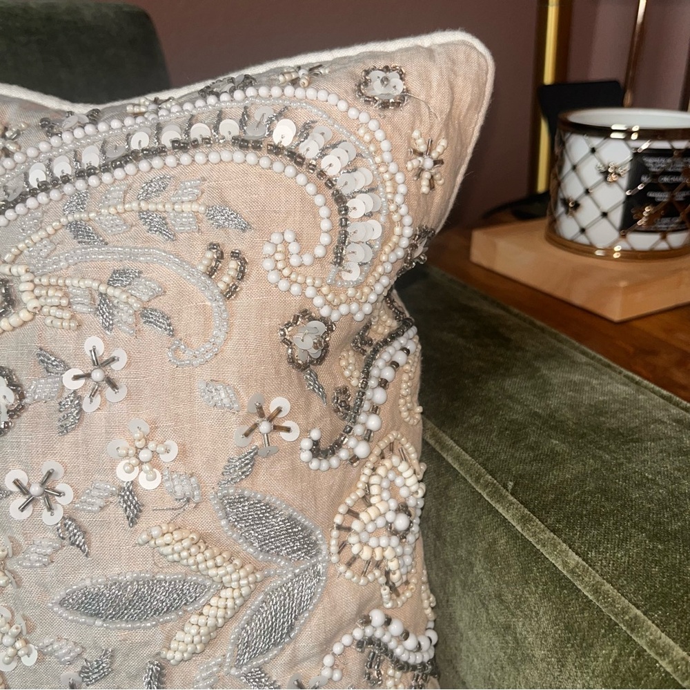 NOBLE EXCELLENCE® Two Embroidered Jeweled Tan Cream & Silver Decorative Pillows - Picture 3 of 15